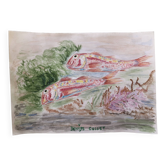 Aquarelle 1960 poissons rougets de denise collet, naïf, peinture tableau xx sur papier, sans cadre