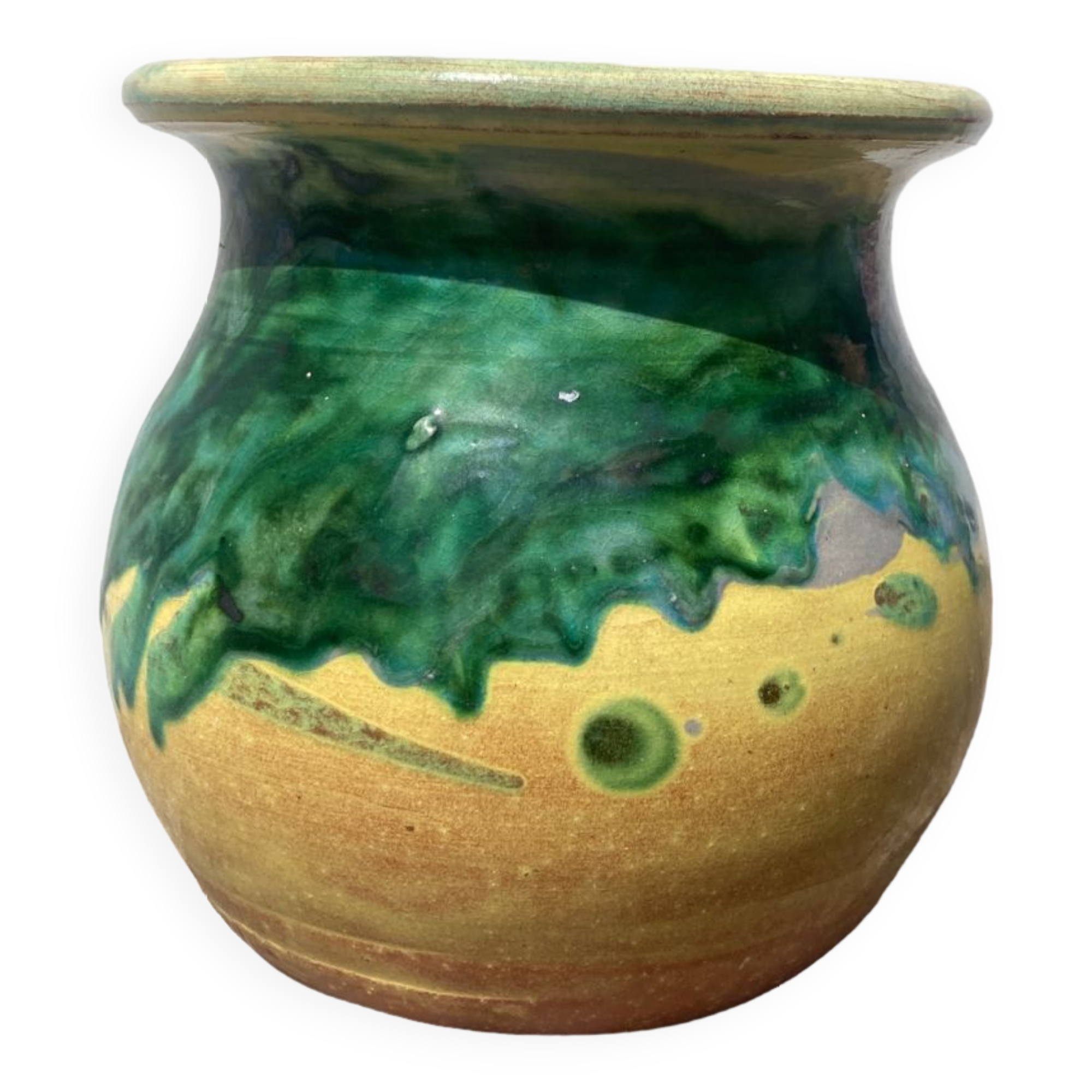 Cache pot vernissé vert et jaune Poterie de Saint Uze début XXe