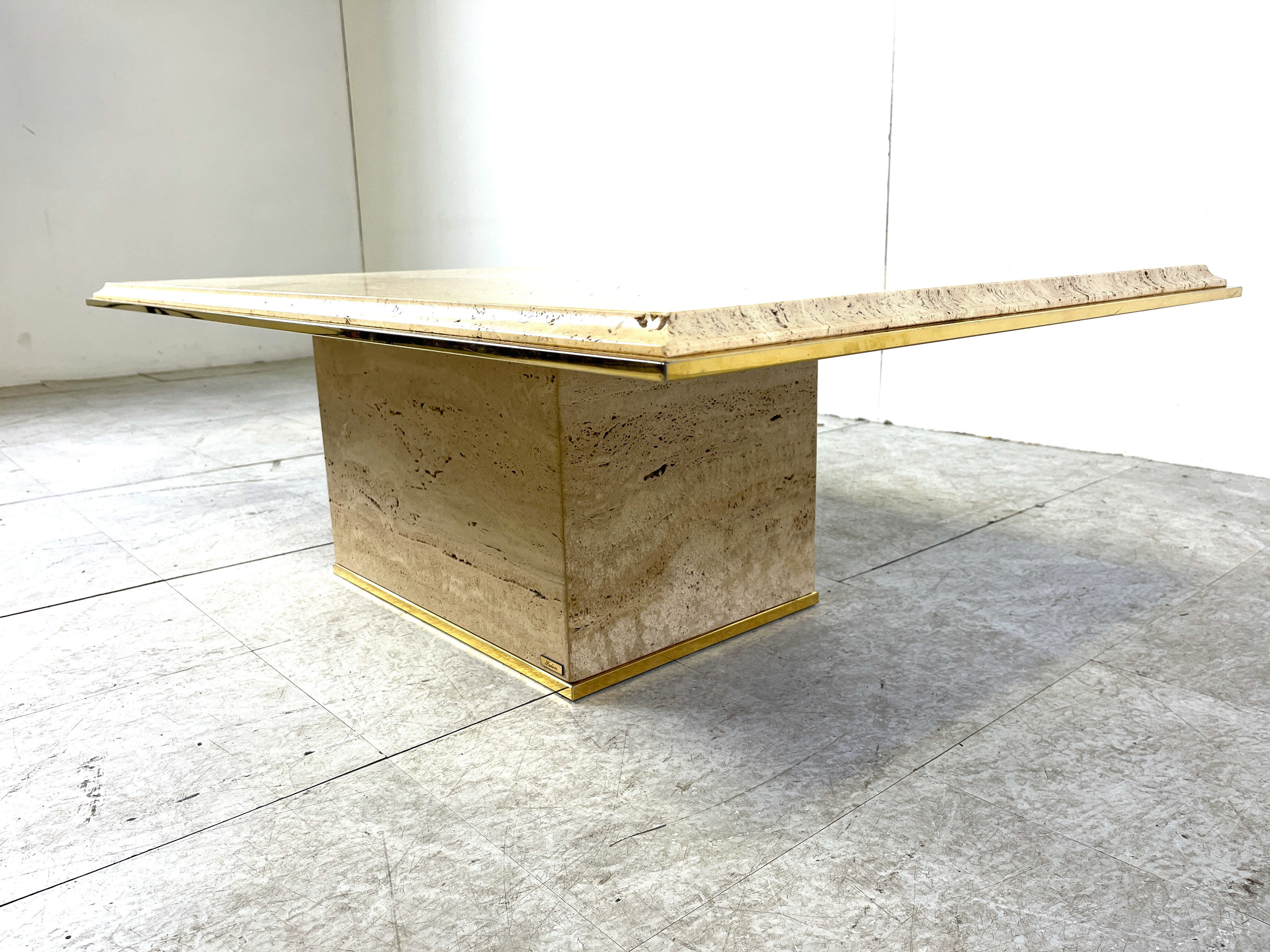 Table basse en travertin et laiton par Fedam, années 1970