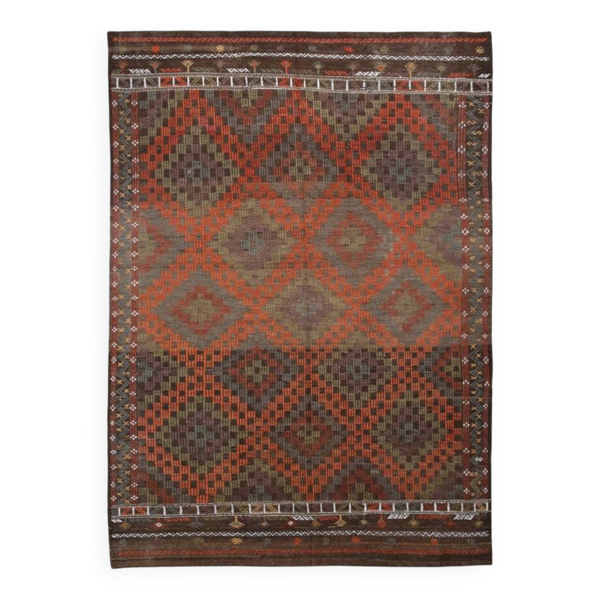 Tapis Kilim Tribal Vintage – Motifs Géométriques Terre & Orange, 207x301 Cm