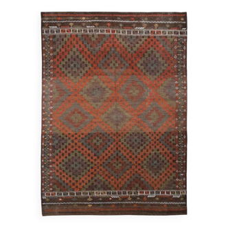 Tapis Kilim Tribal Vintage – Motifs Géométriques Terre & Orange, 207x301 Cm