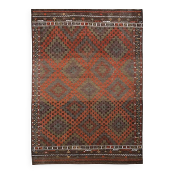 Tapis Kilim Tribal Vintage – Motifs Géométriques Terre & Orange, 207x301 Cm