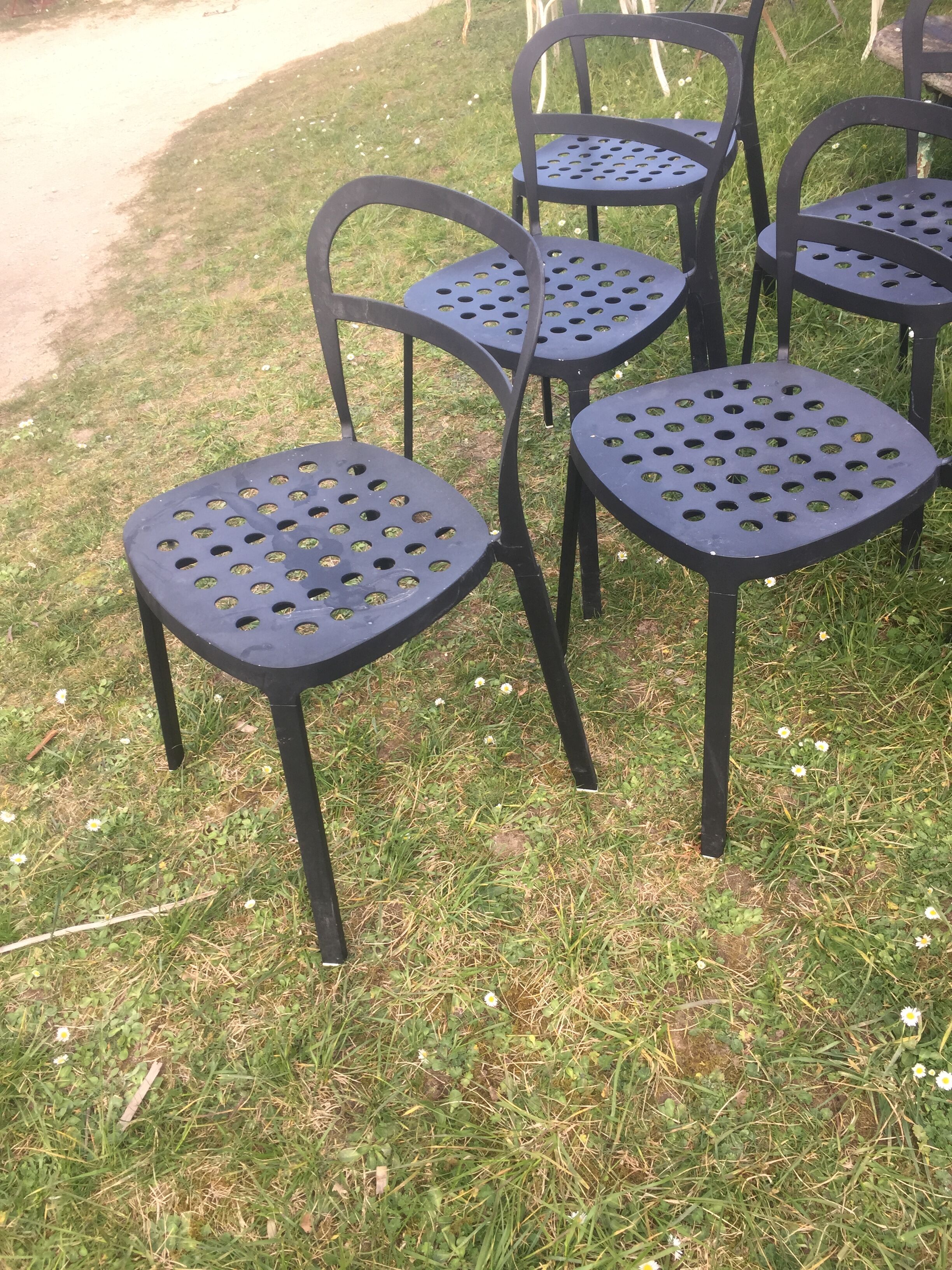 6 Reidar aluminium stackable chairs, exterior interior. 1999