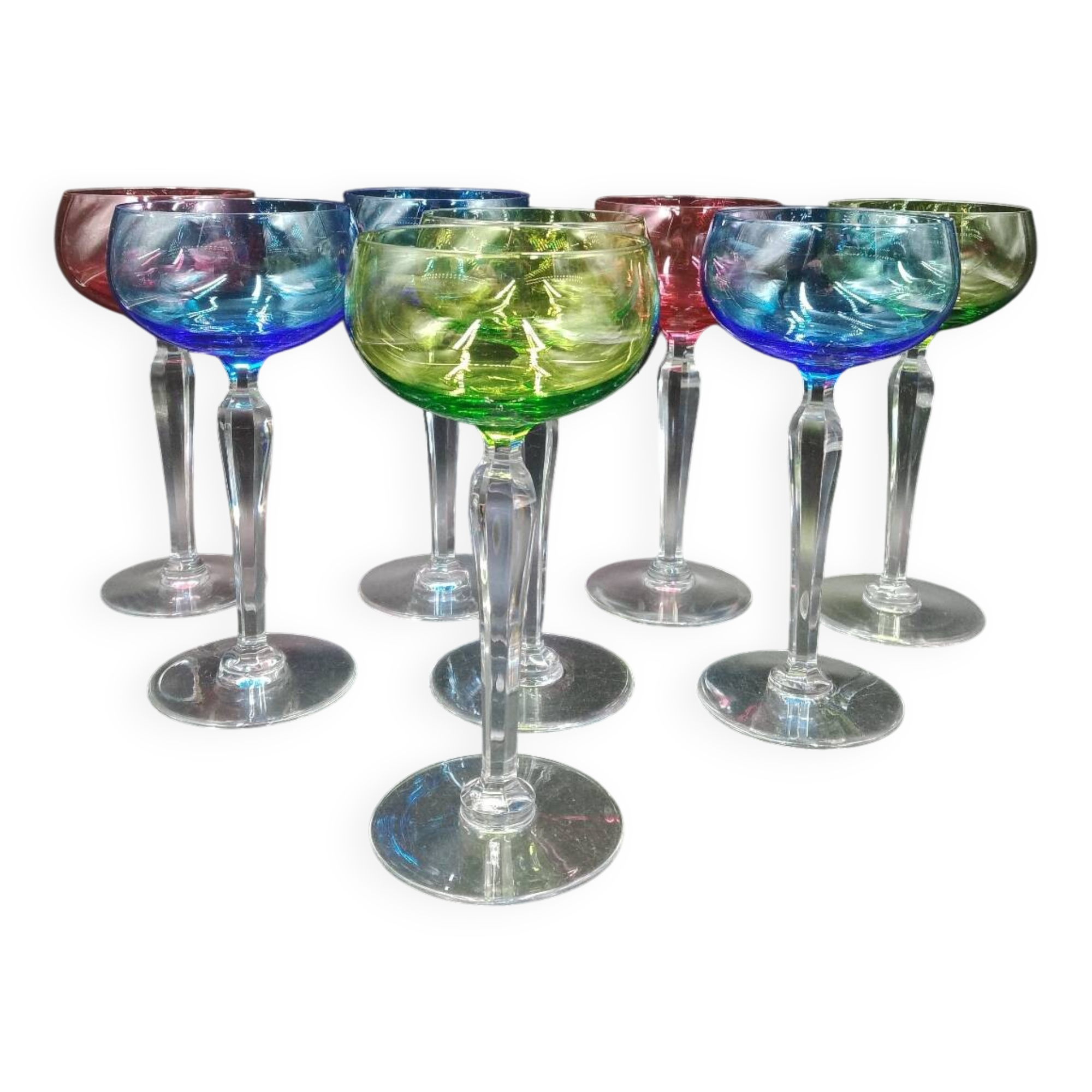 Set of 8 Roemer wine glasses in colored crystal Val Saint Lambert Mod "Saumur"