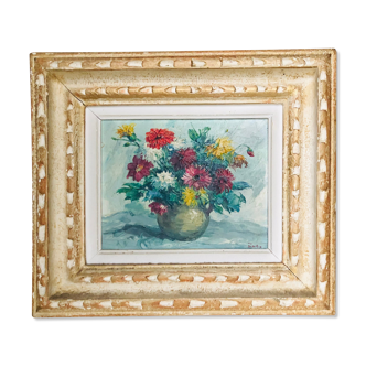 Oil on canvas, still life with dahlias