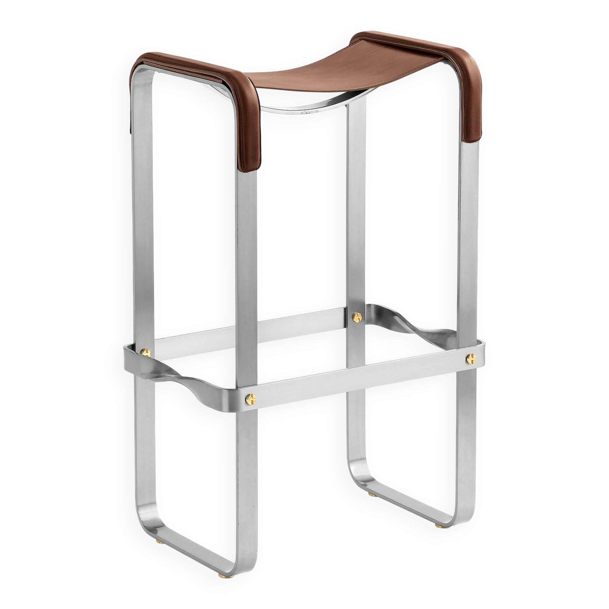Elegant bar stool in classic contemporary style with aged silver metal and dark brown leather.