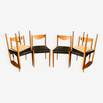 Set of 6 Danish chairs with black leatherette seats