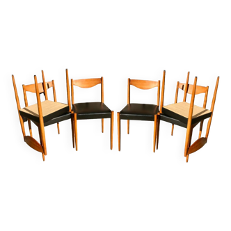 Set of 6 Danish chairs with black leatherette seats