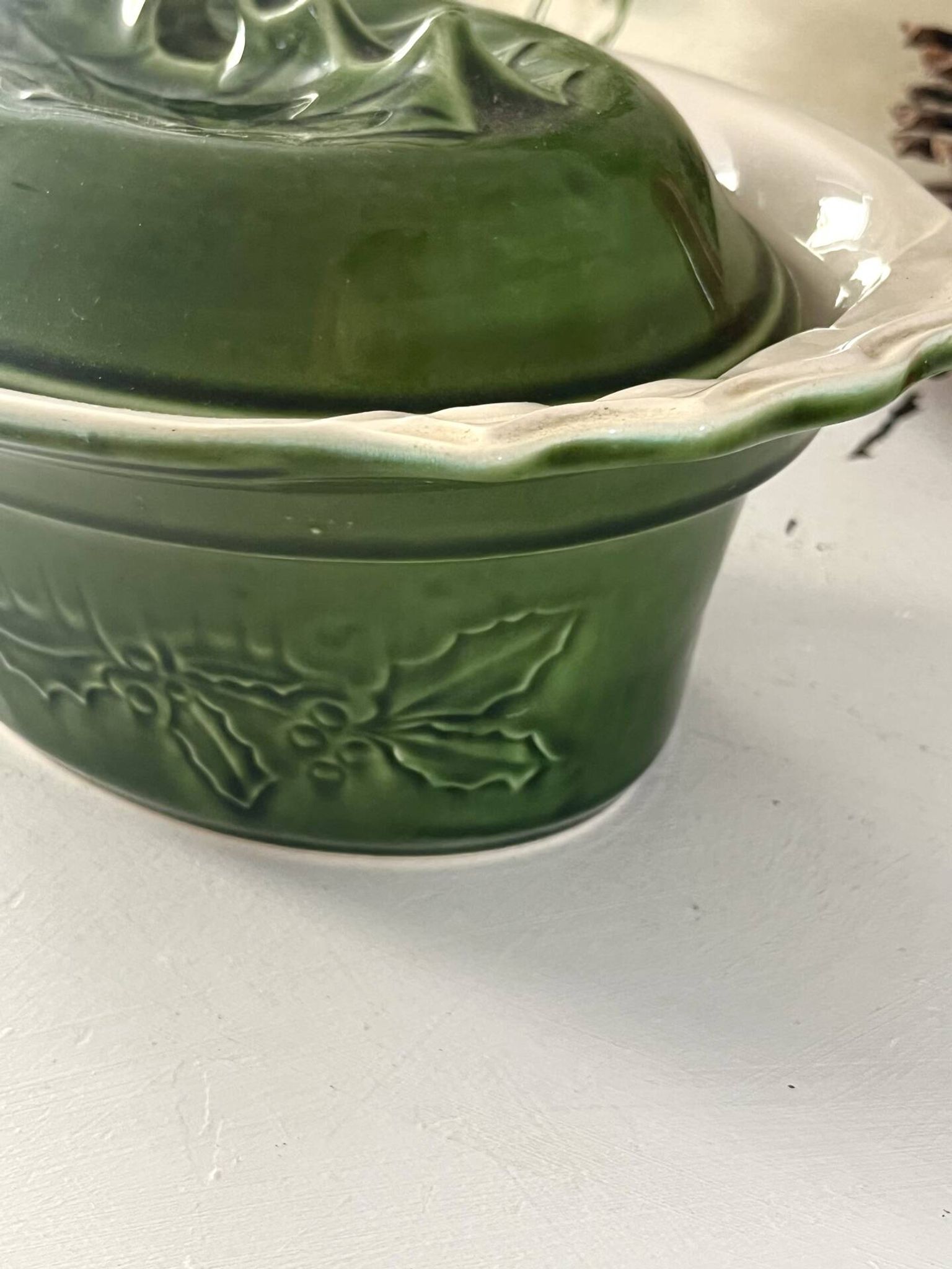 Christmas Terrine with Holly Lid, Green Ceramic Serving Dish, Vintage