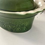 Christmas Terrine with Holly Lid, Green Ceramic Serving Dish, Vintage
