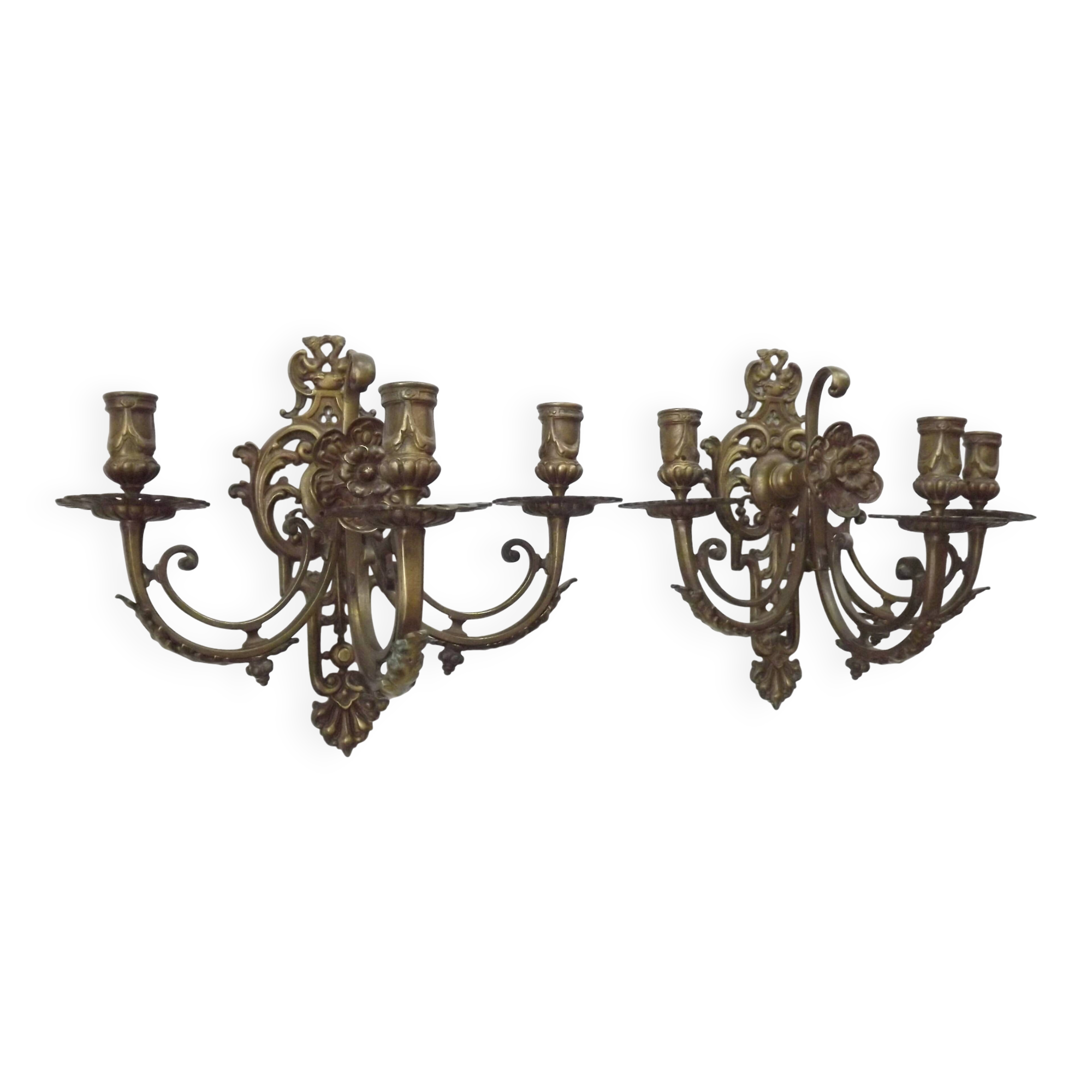 Pair of Heavy Victorian Bronze Triple Wall Sconces Griffin & Flower Detail