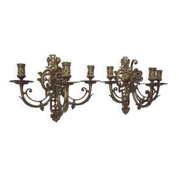 Pair of Heavy Victorian Bronze Triple Wall Sconces Griffin & Flower Detail
