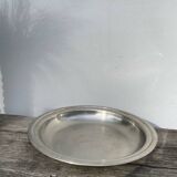 Round silver-plated metal serving dish with hallmark