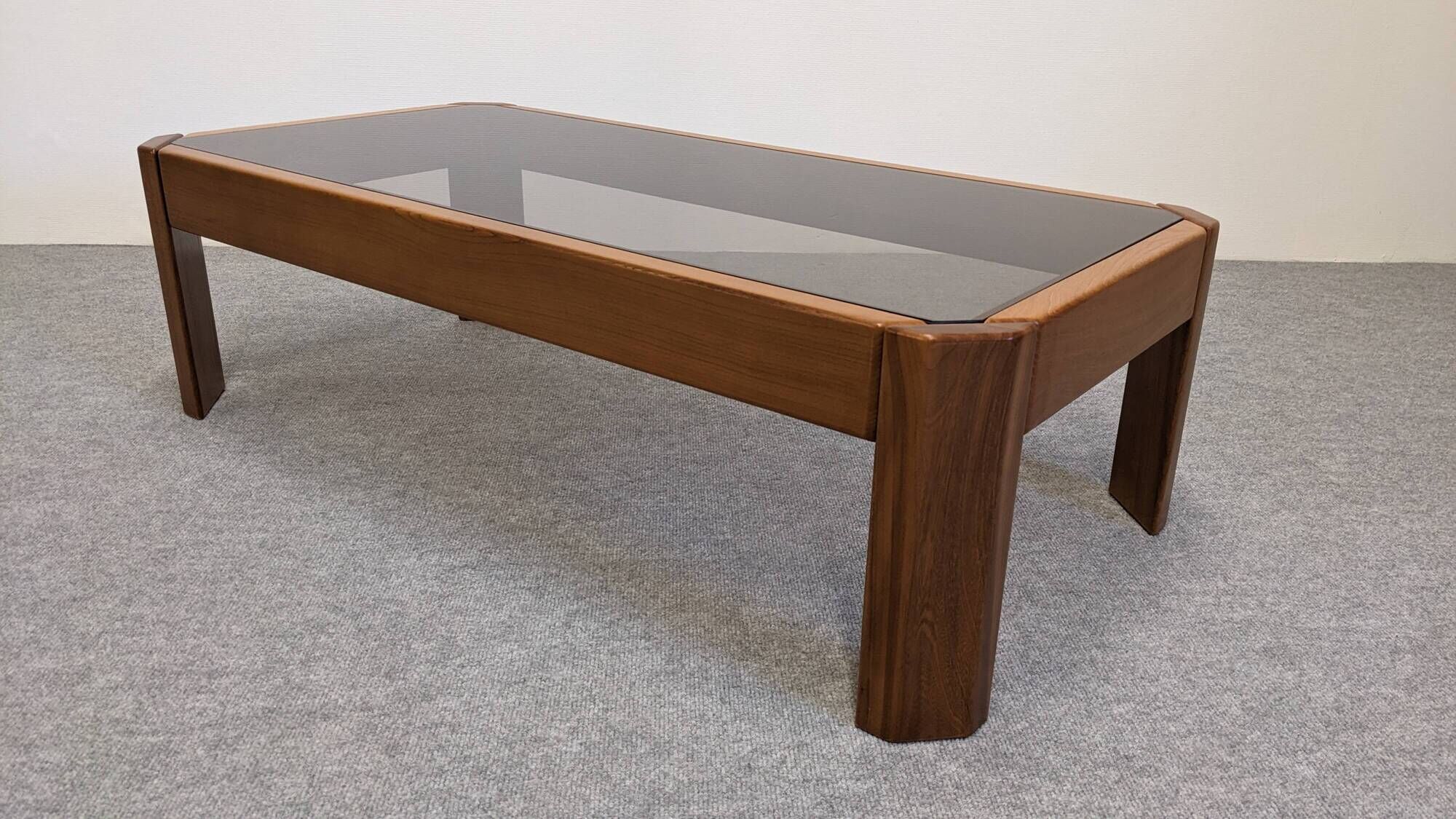 Modernist coffee table in elm and smoked glass, Italy circa 1970.