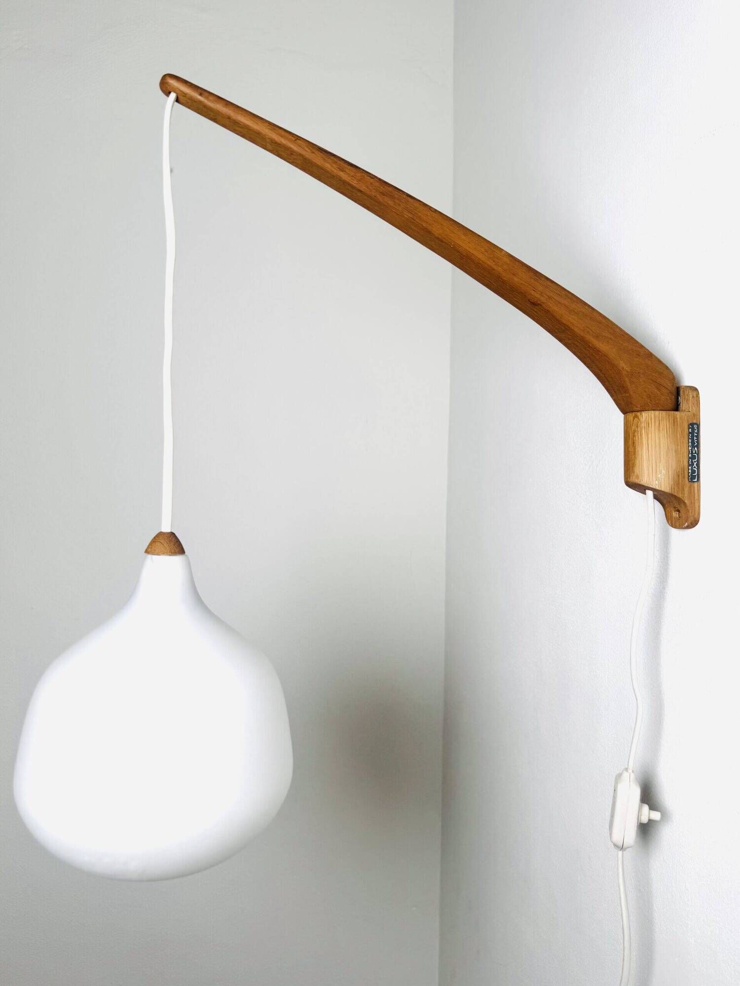 Model 705 Wall Lamp In Teak And Opaline Glass By Uno & Östen Kristiansson For Luxus, Sweden 1960S