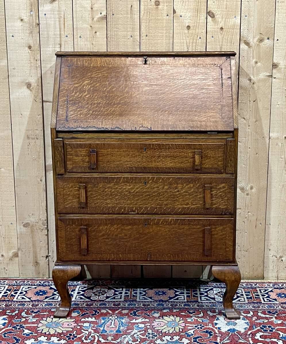 English donkey desk in oak and leather top, 1950s