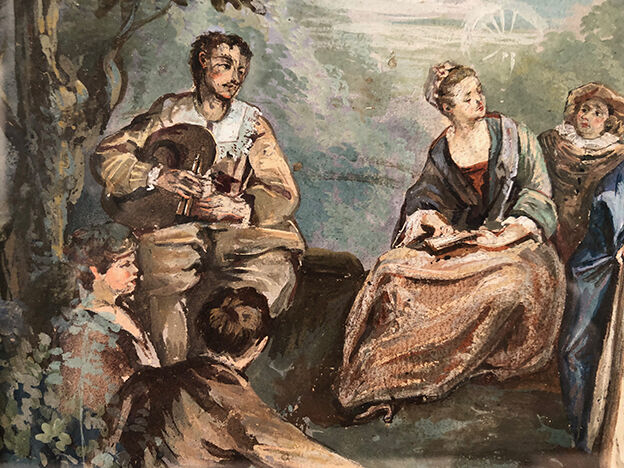 Party in the garden, framed watercolor late nineteenth