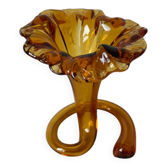 Soliflore vintage en verre ambré forme corolle