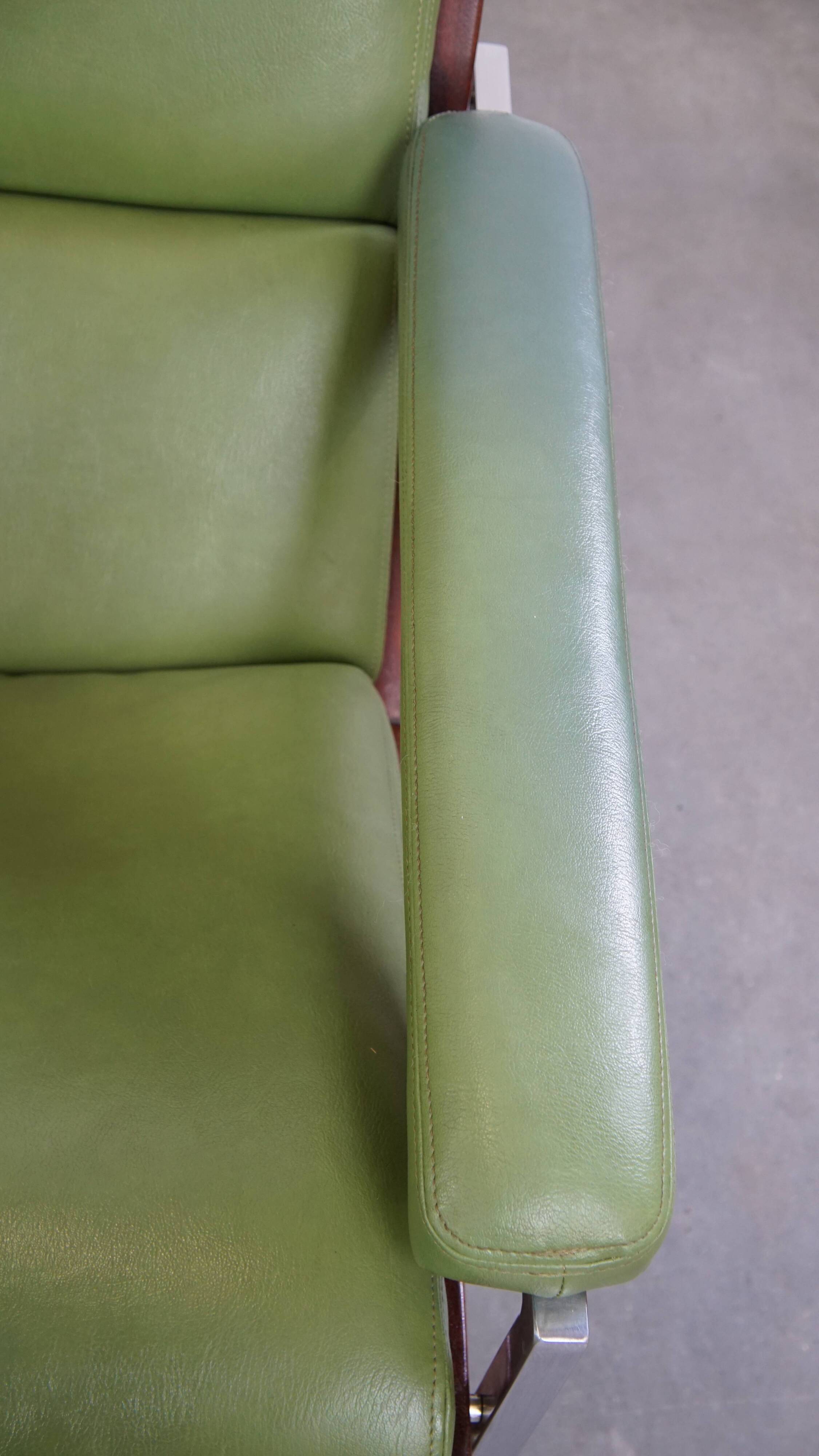 Green Cowhide Leather and Wooden Vintage Armchair