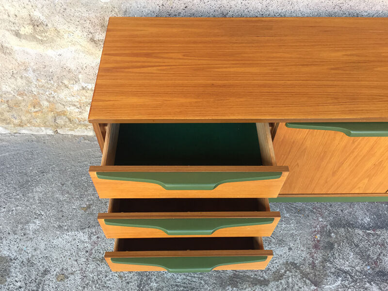 Scandinavian teak sideboard 3 drawers, 3 swing doors