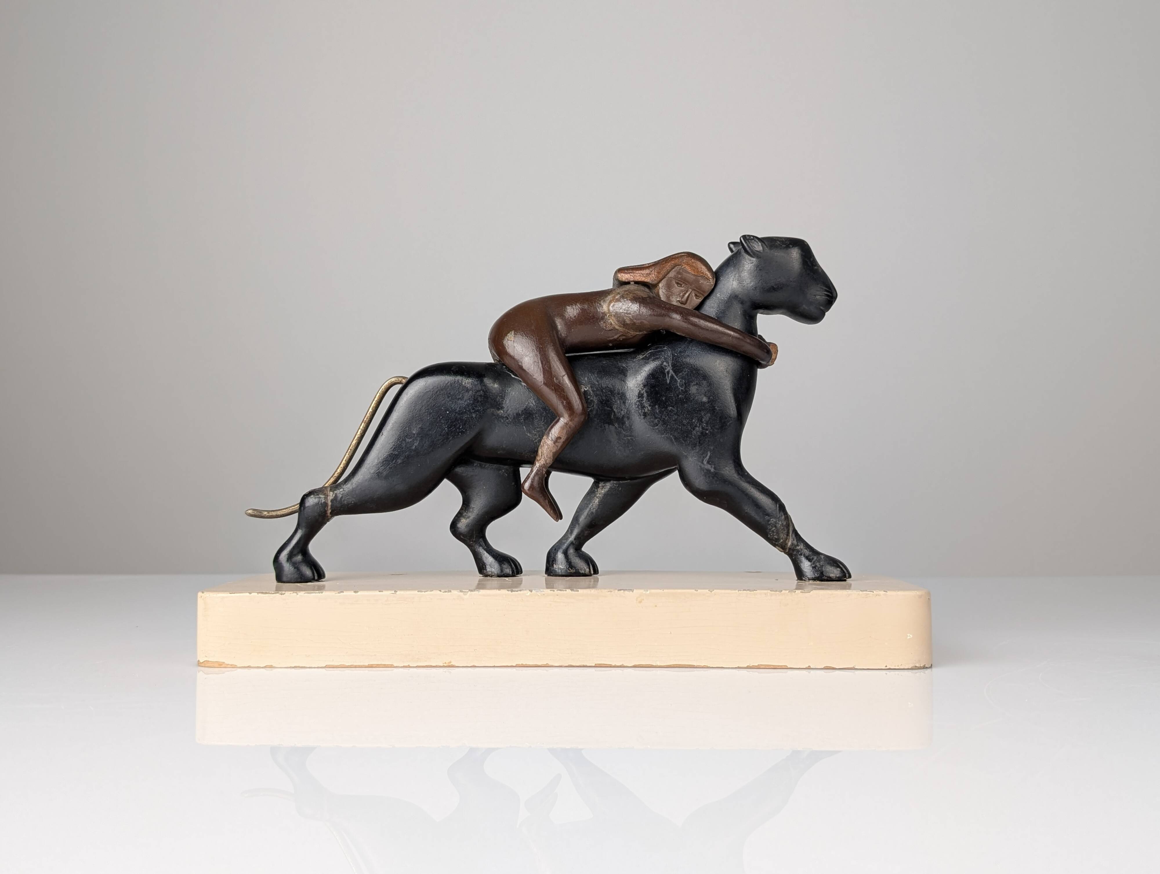 Ariadne and the Panther, Art Deco Sculpture in Wood and Brass, 1920s