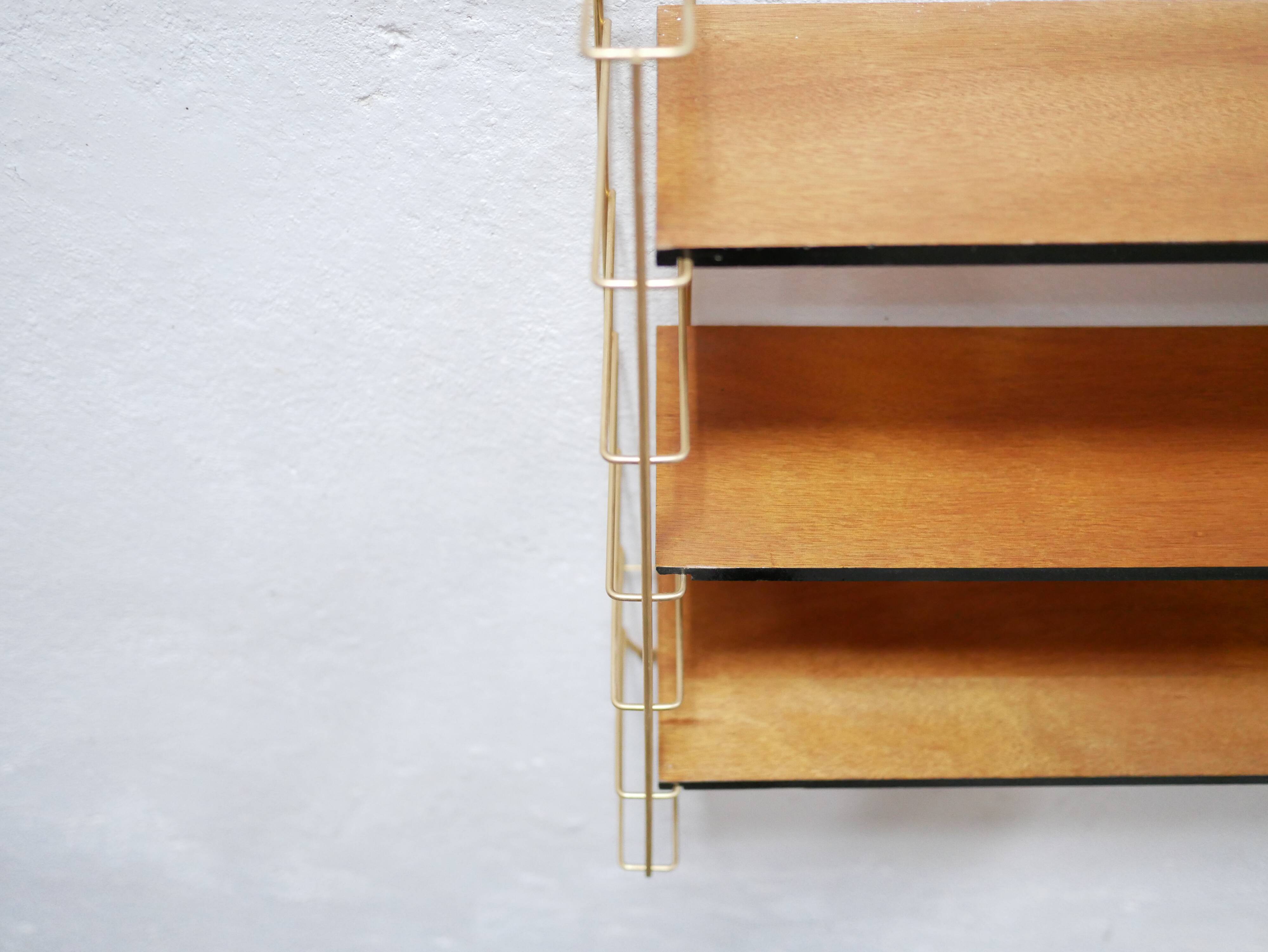 Vintage modular wall shelf in brass and wood