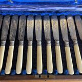 Box of 24 ivory and engraved silver metal cutlery - 19th century