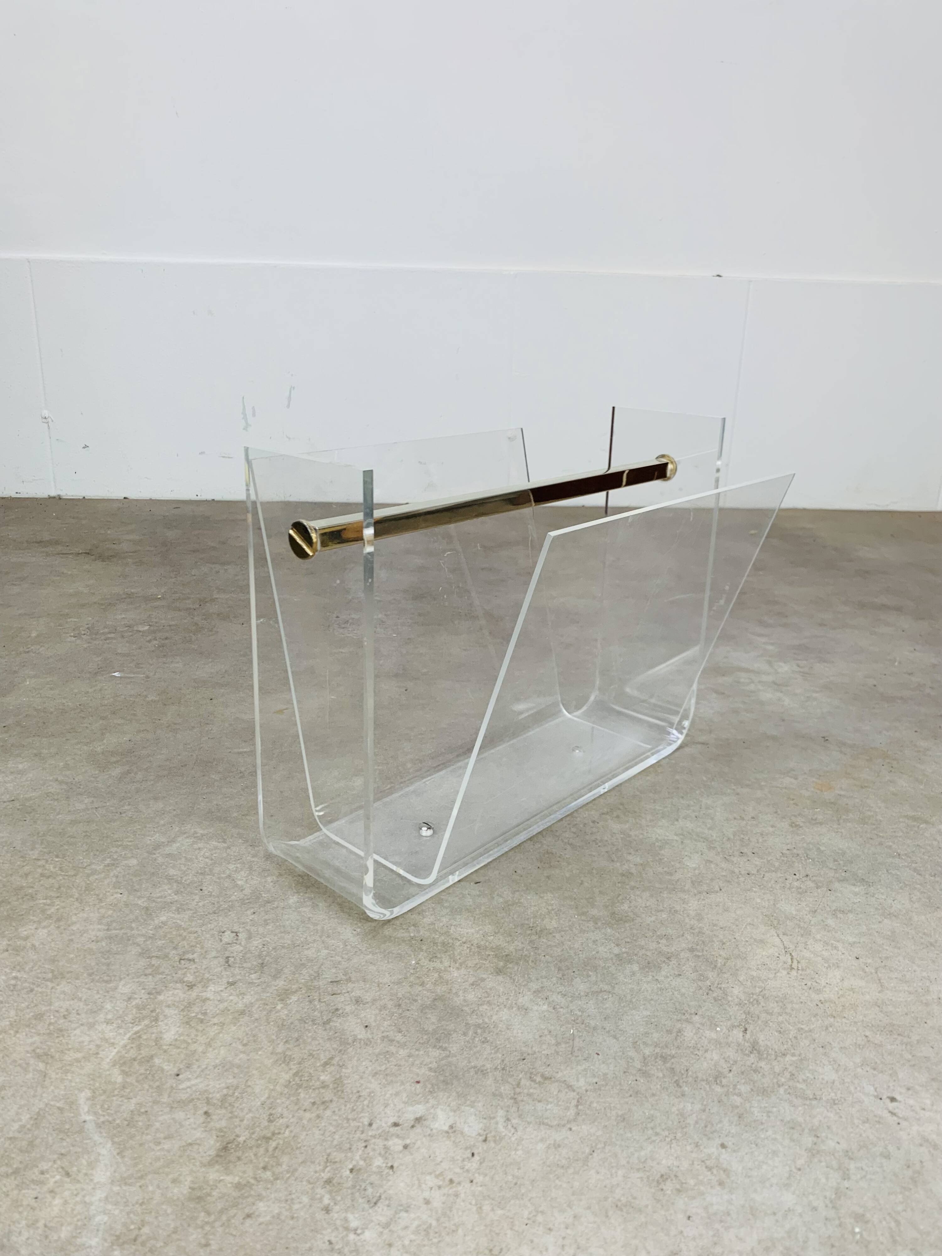 Plexiglas and brass magazine rack, David Lange, 1970s