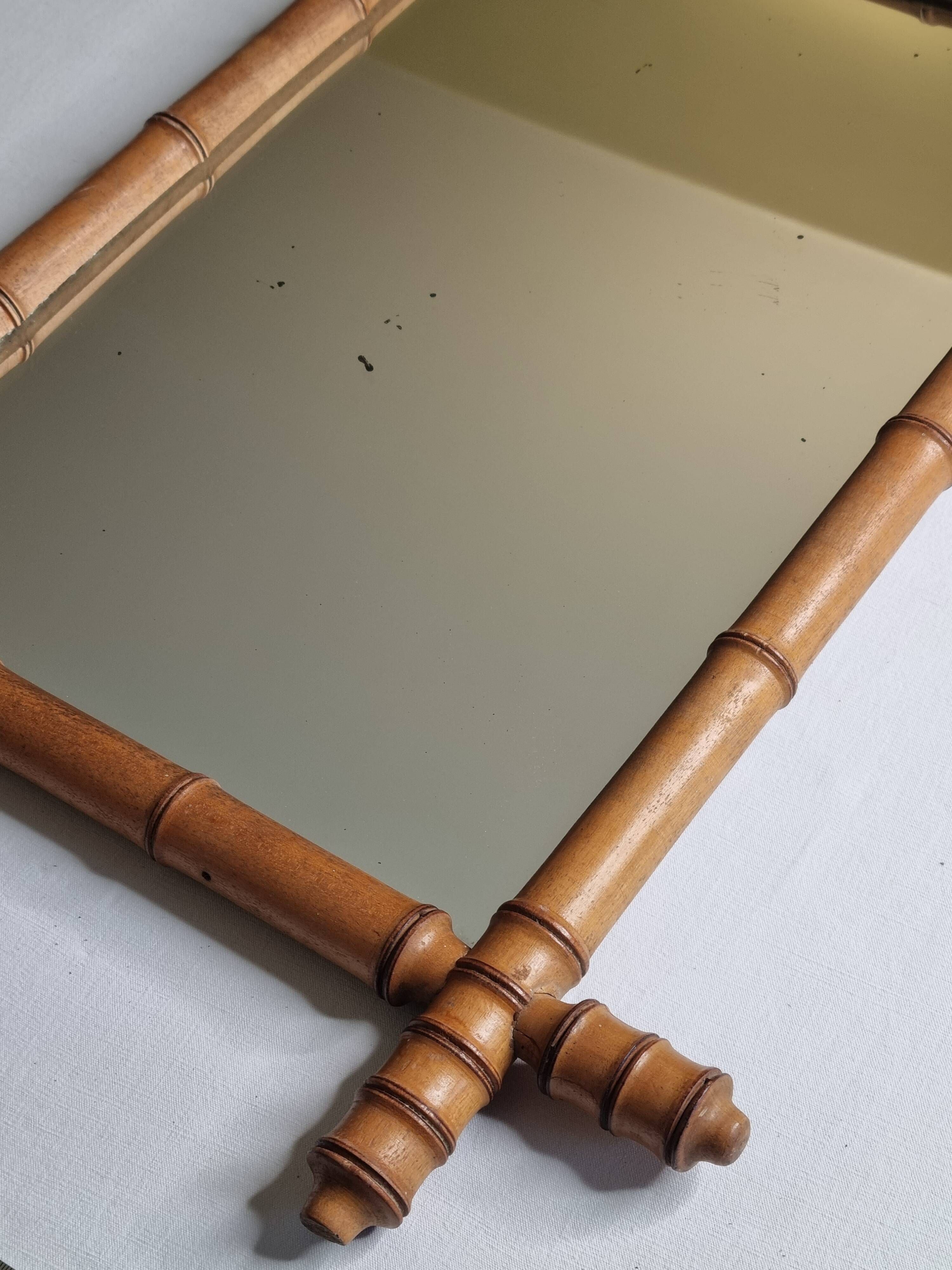 Antique mirror in turned wood, light bamboo style, late 19th century, 62 x 46 cm
