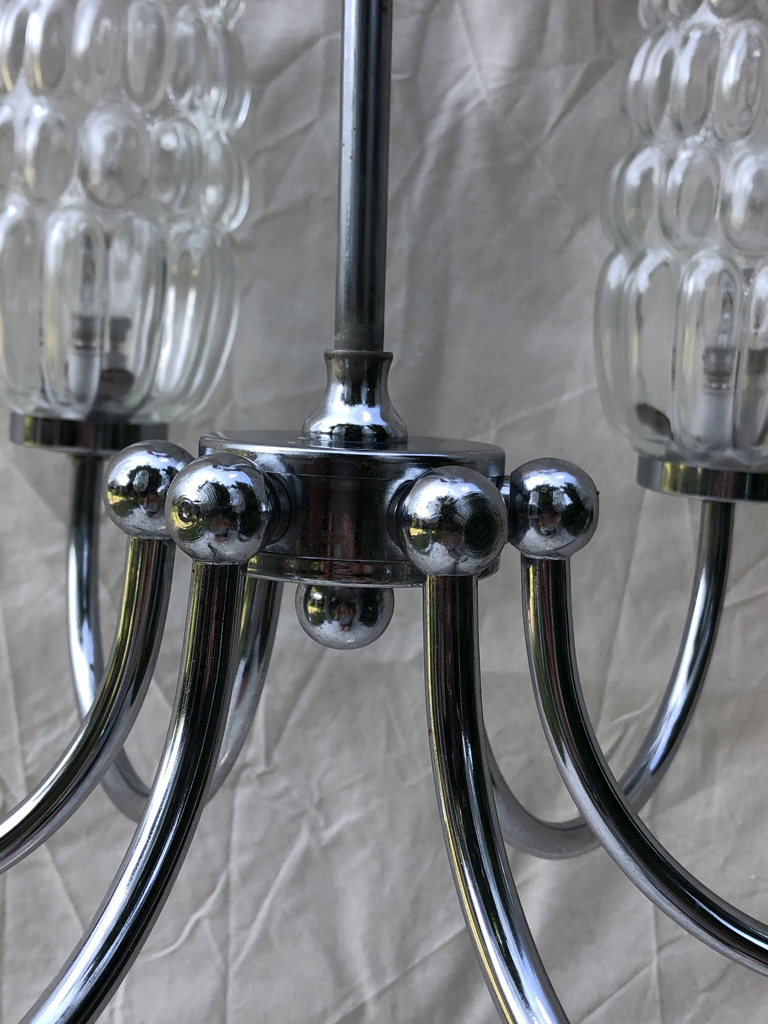 6-branched chrome chandelier & glass lampshades