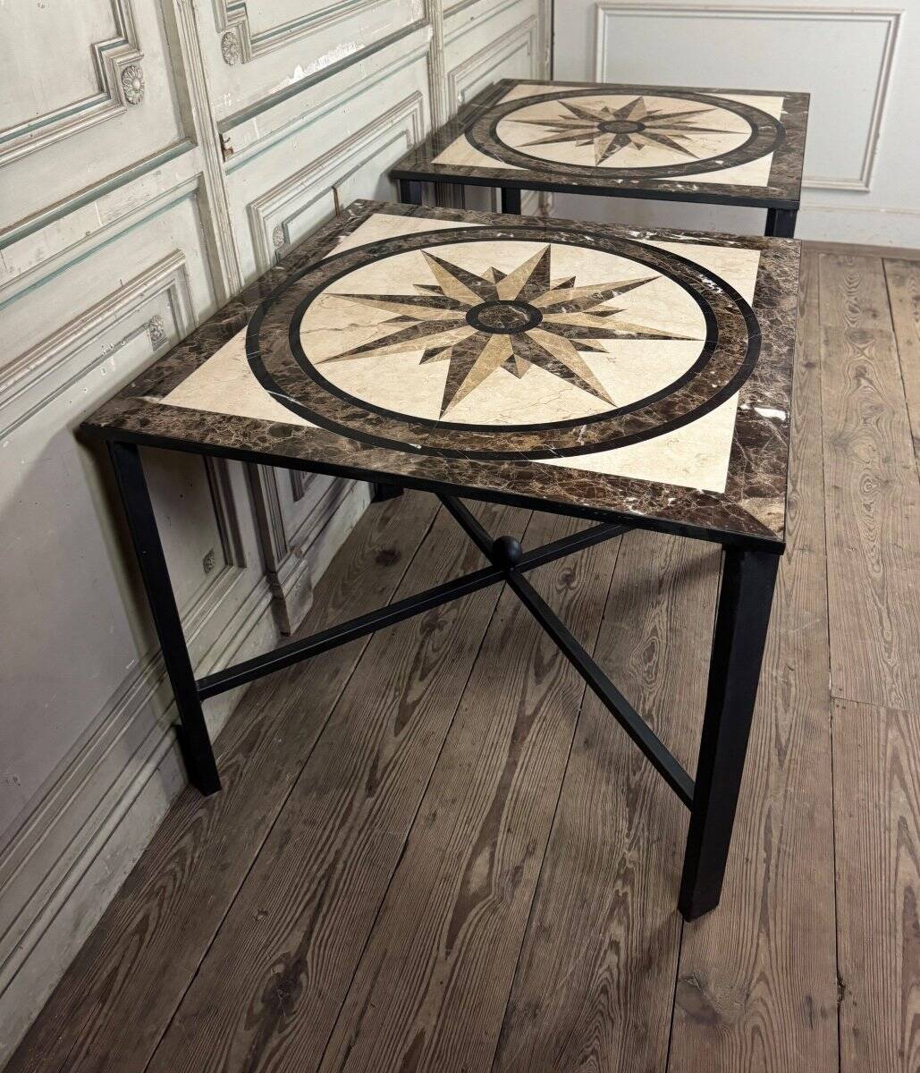 Pair of marble and metal tables, marble marquetry compass rose, circa 1990