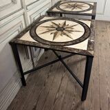Pair of marble and metal tables, marble marquetry compass rose, circa 1990