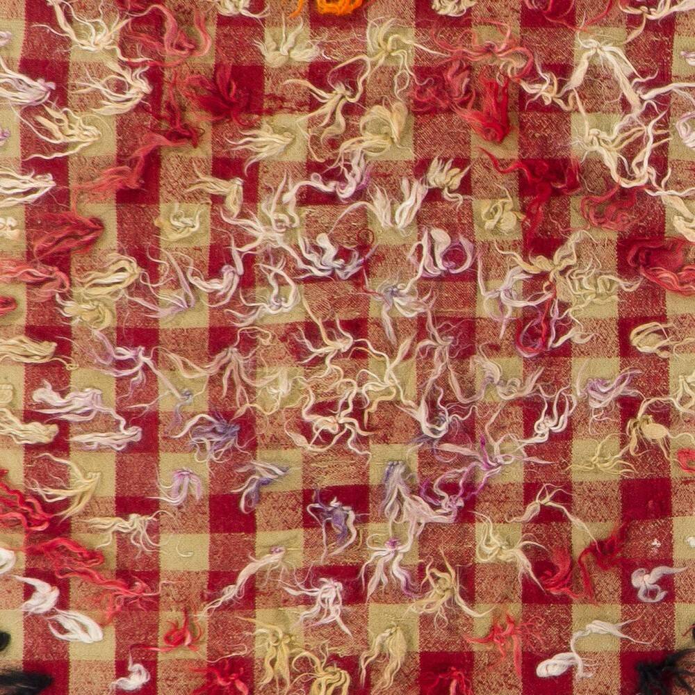 Vintage Handwoven Checkered Kilim Rug with Red and Beige Checkered Design and Colorful Wool Pom Pom
