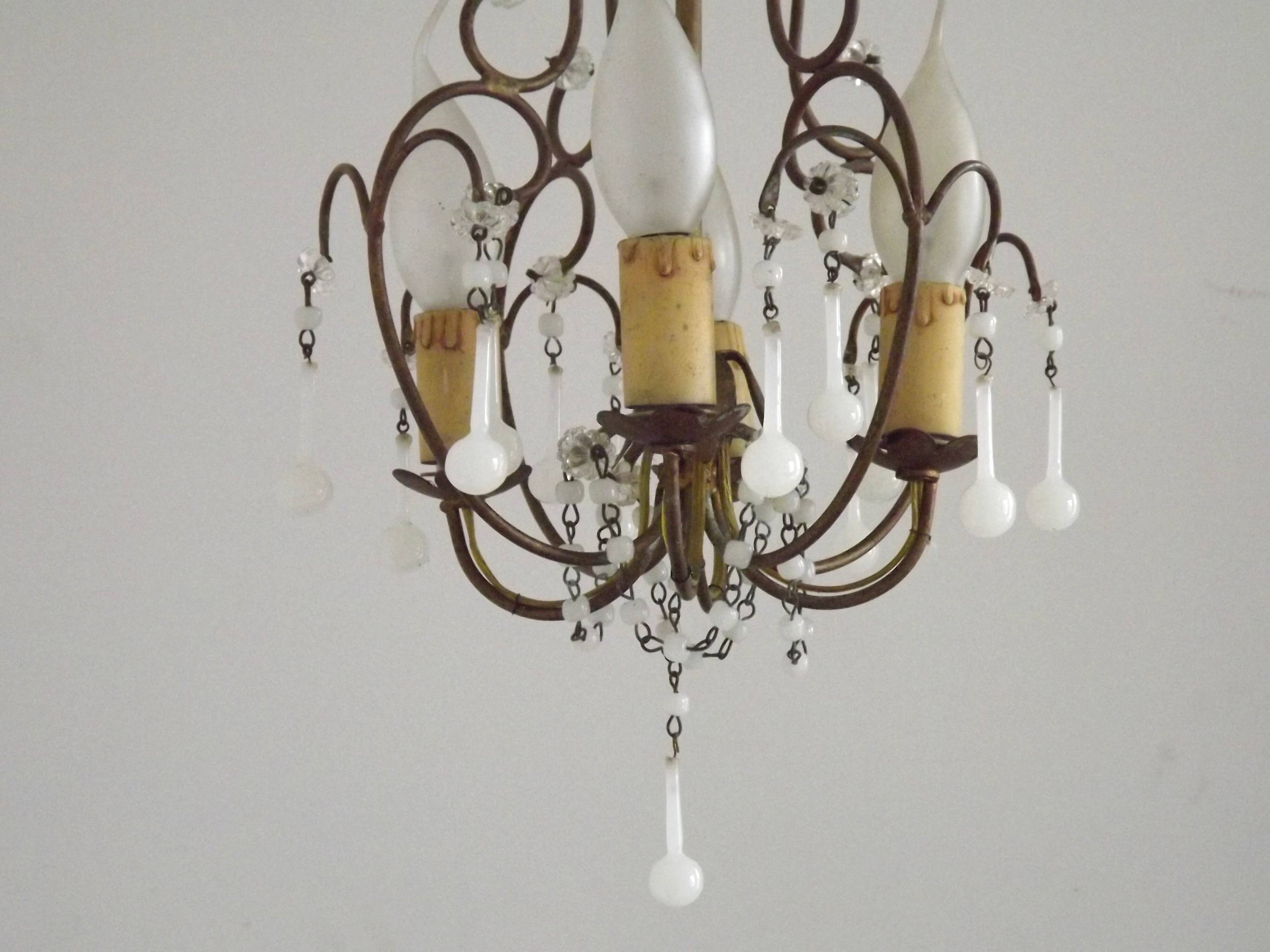 French Vintage 4 Light Metal Cage Chandelier with White Murano Drops and Beads