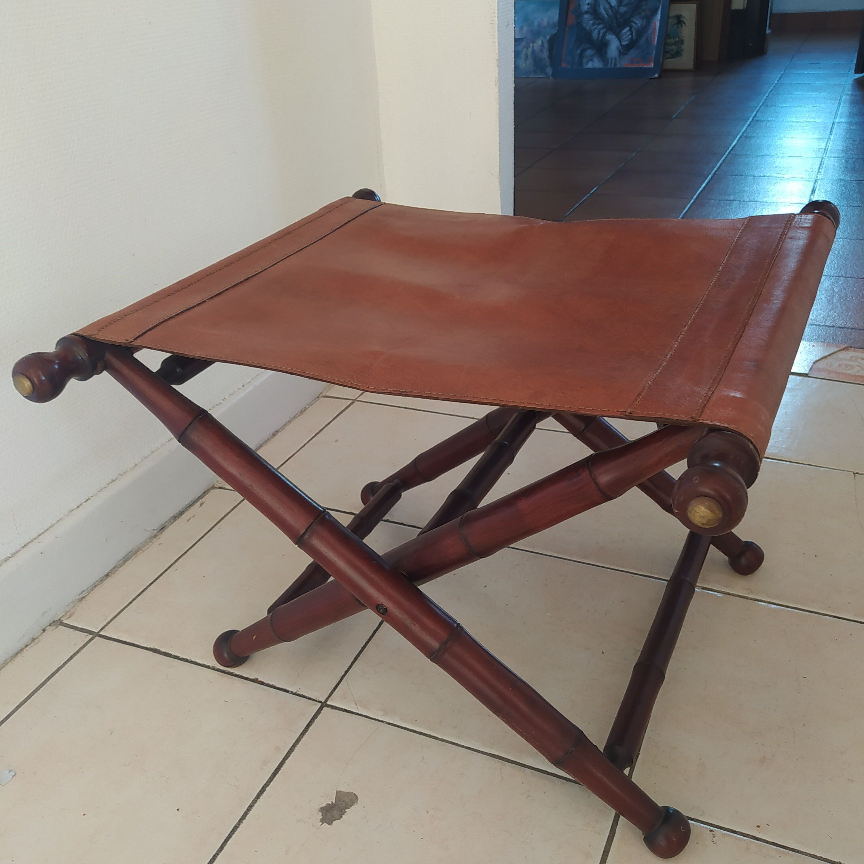 Vintage foldable leather and mahogany stool