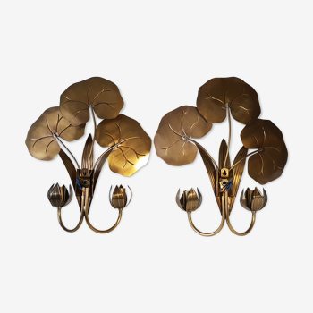 Pair of brass water lily wall lamps