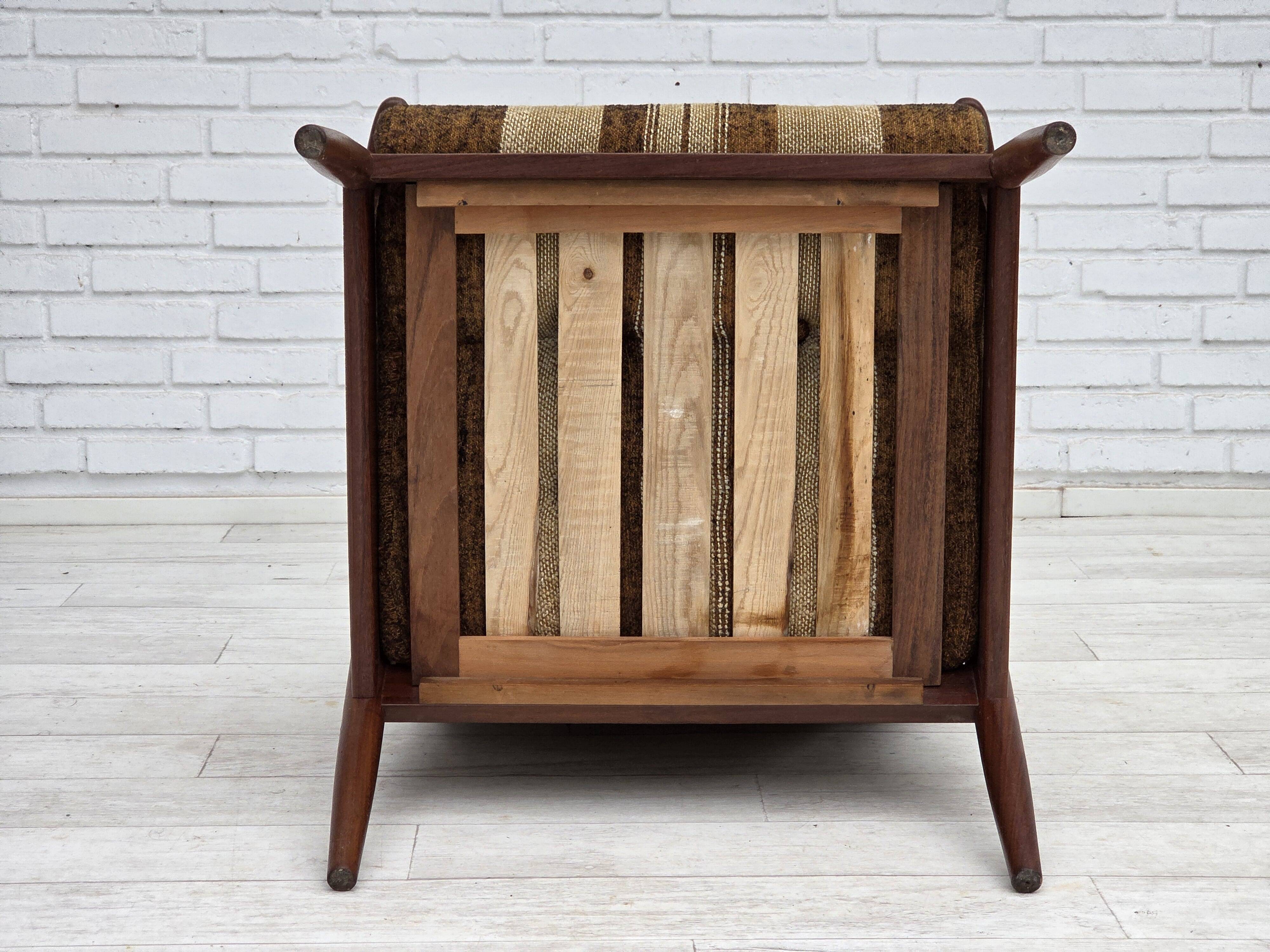 1970s, Danish armchair, teak wood, furniture wool fabric.