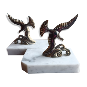 Serre-livres mouettes en zinc d'art et marbre