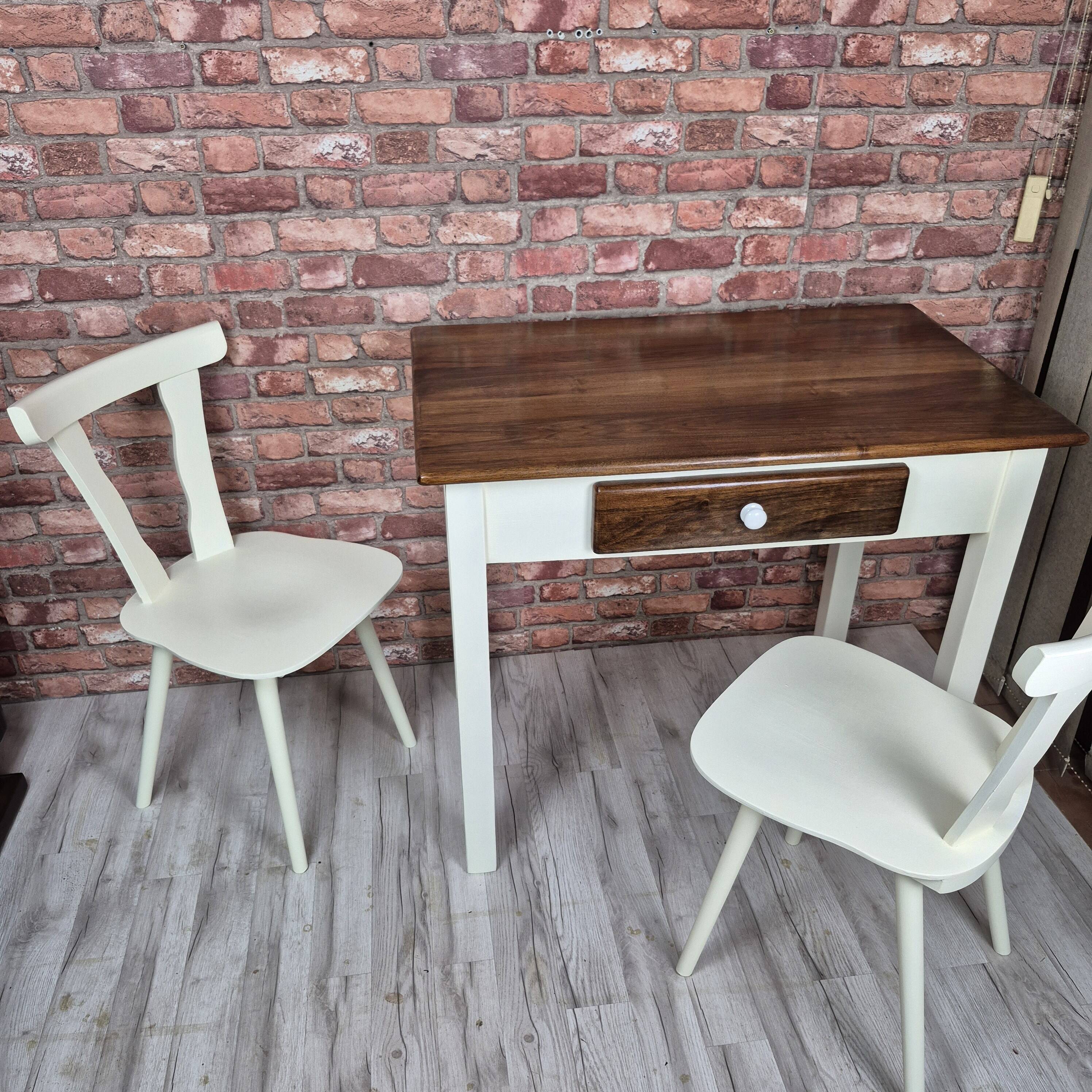 Upcycled Vintage Kitchen Dining Set Table and 2 Chairs - Cream and Walnut