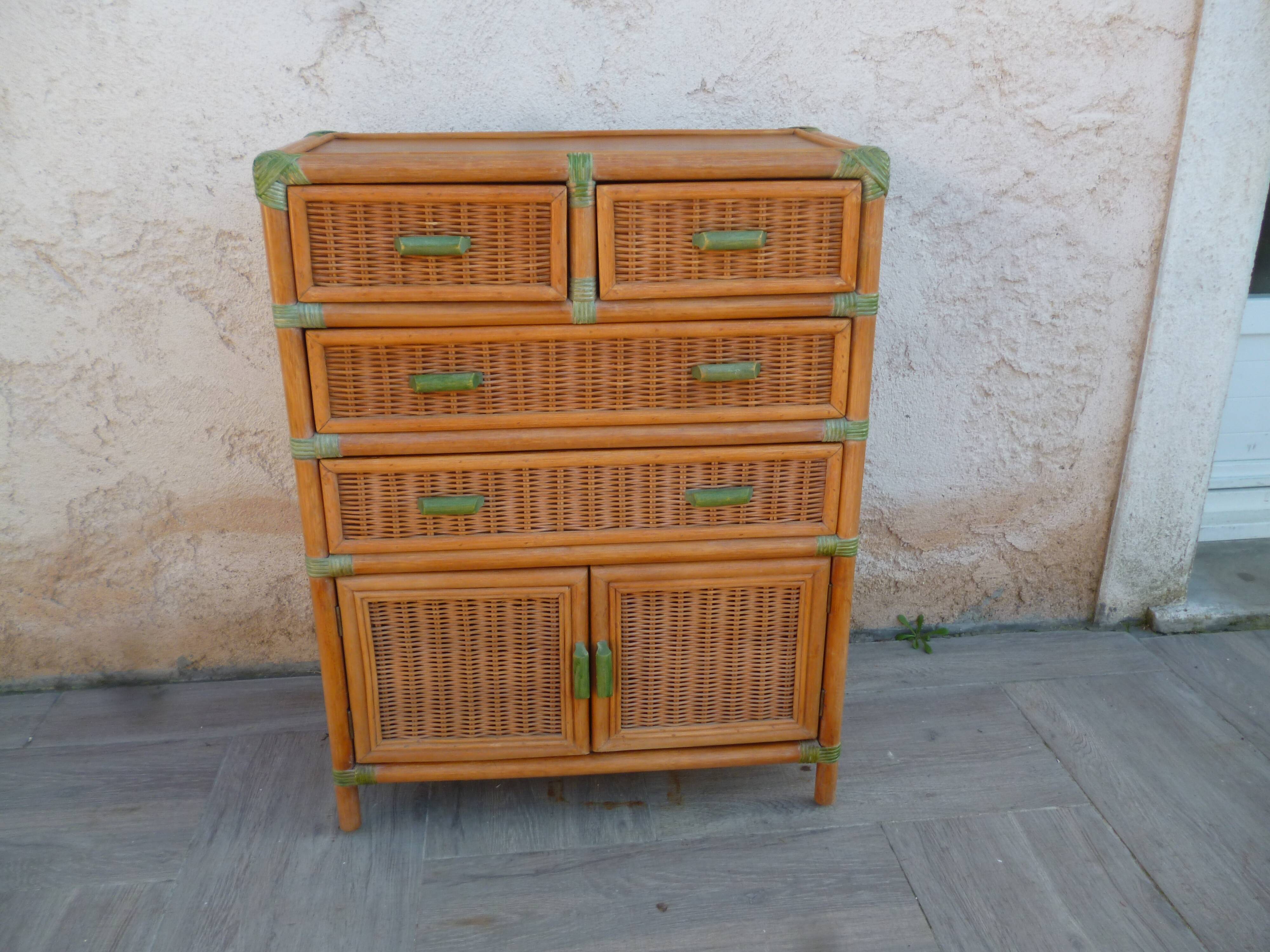 Commode bambou rotin vintage