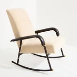 Jacques Adnet Rocking chair and ottoman in leather and mohair velvet 1950
