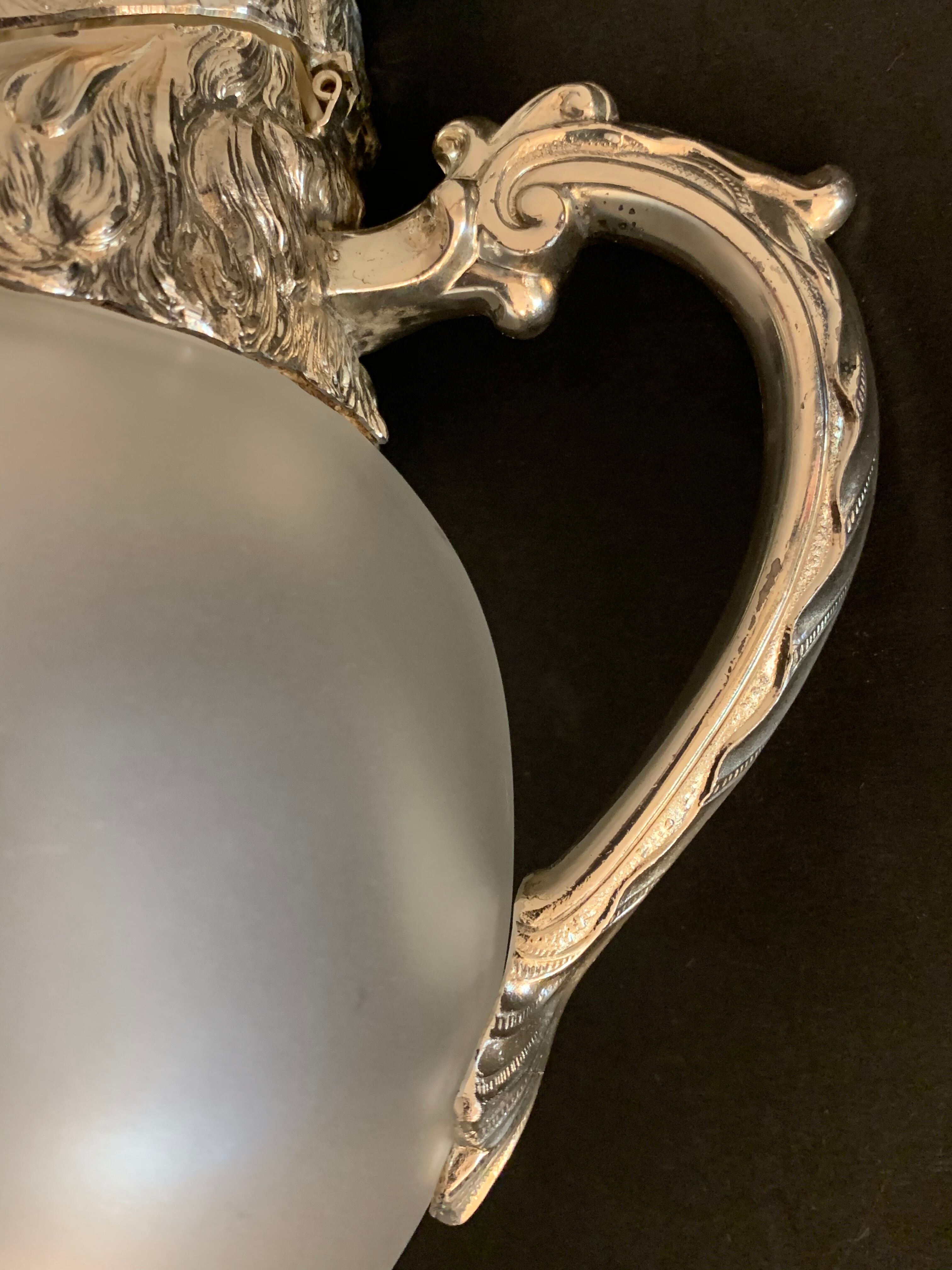 Decanting carafe or frosted glass water broc with silver metal ram head 1970