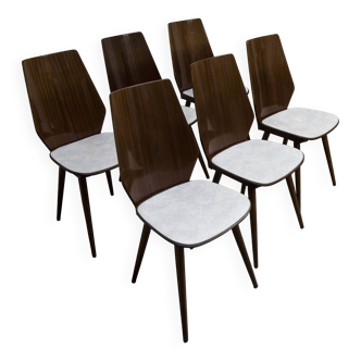 Suite de 6 chaises Baumann modèle 840 G2S finition acajou verni, 1963