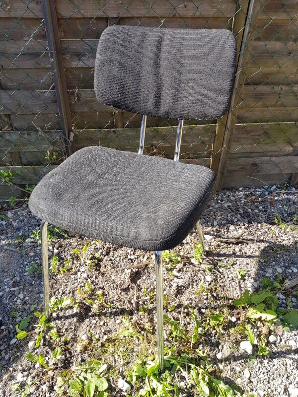 Paire ancienne chaise métal chromé et tissu noir années 70 vintage