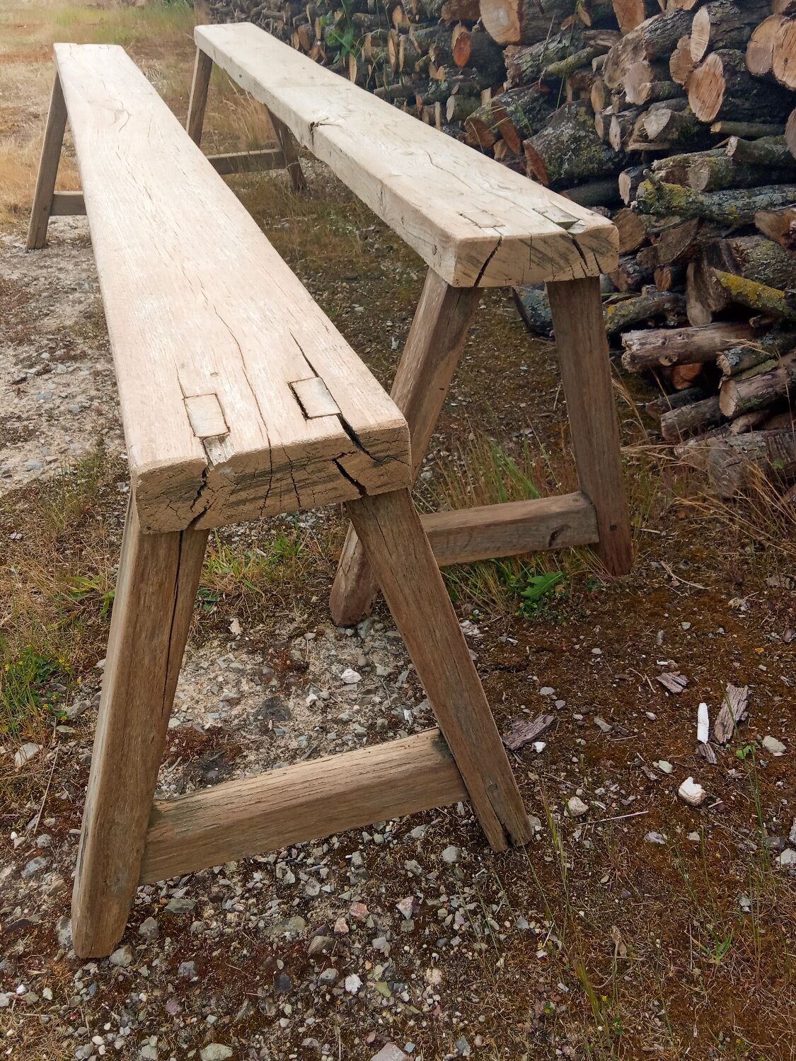 Pair of oak farmhouse benches 228 cm