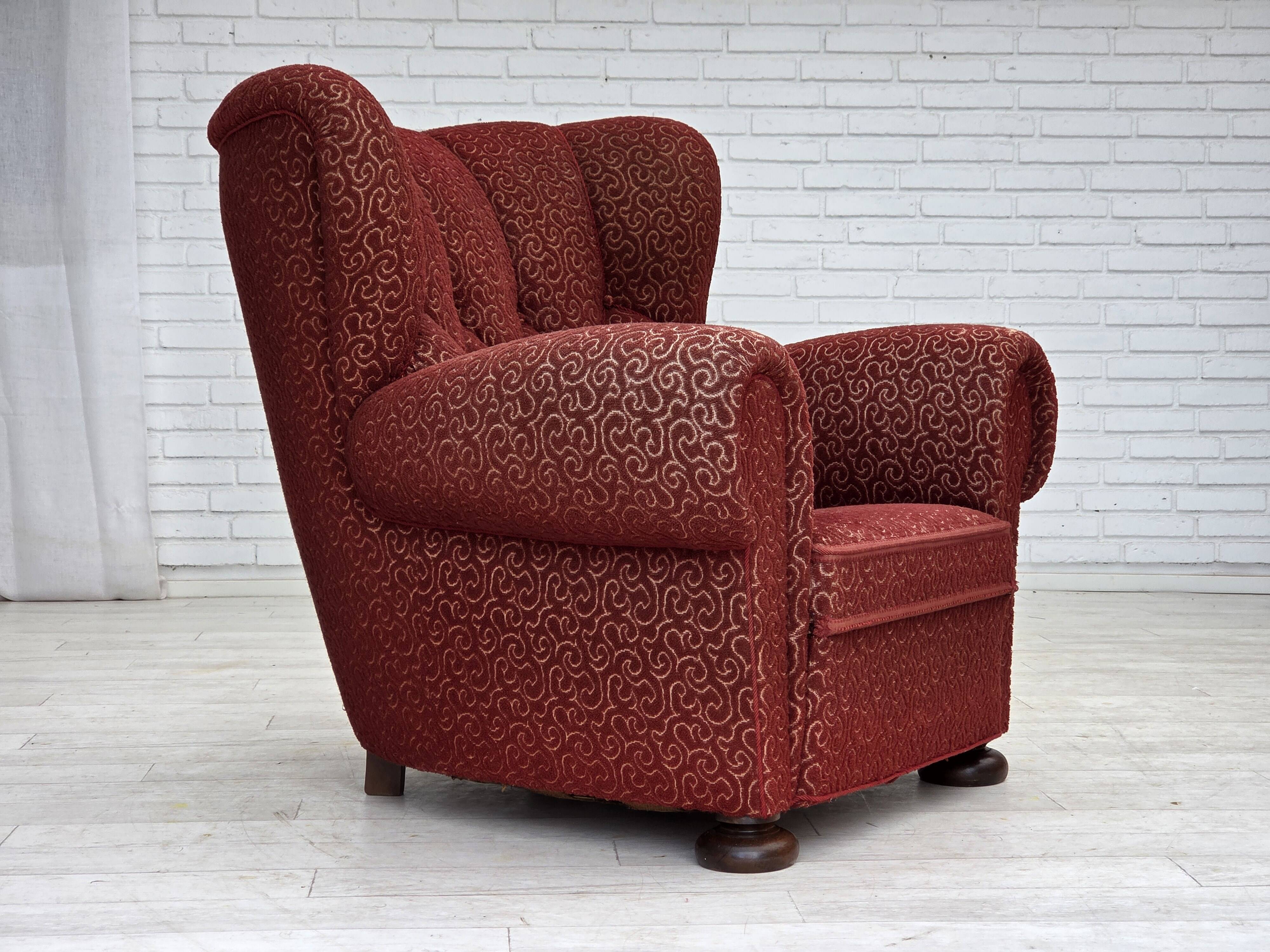 1960s, Danish relax armchair, original red furniture wool, oak wood legs.
