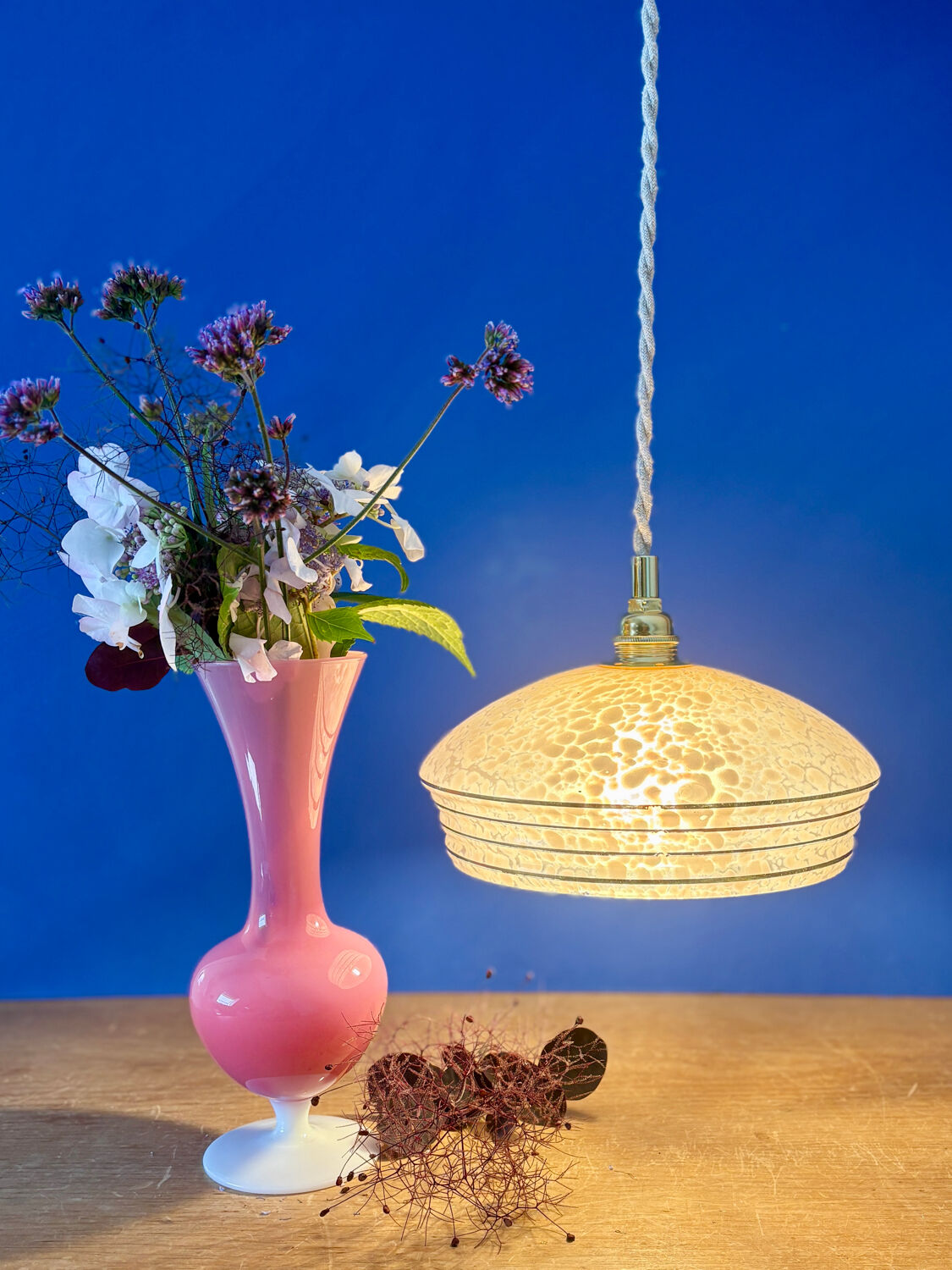 Vintage pink and gold clichy glass lampshade pendant light