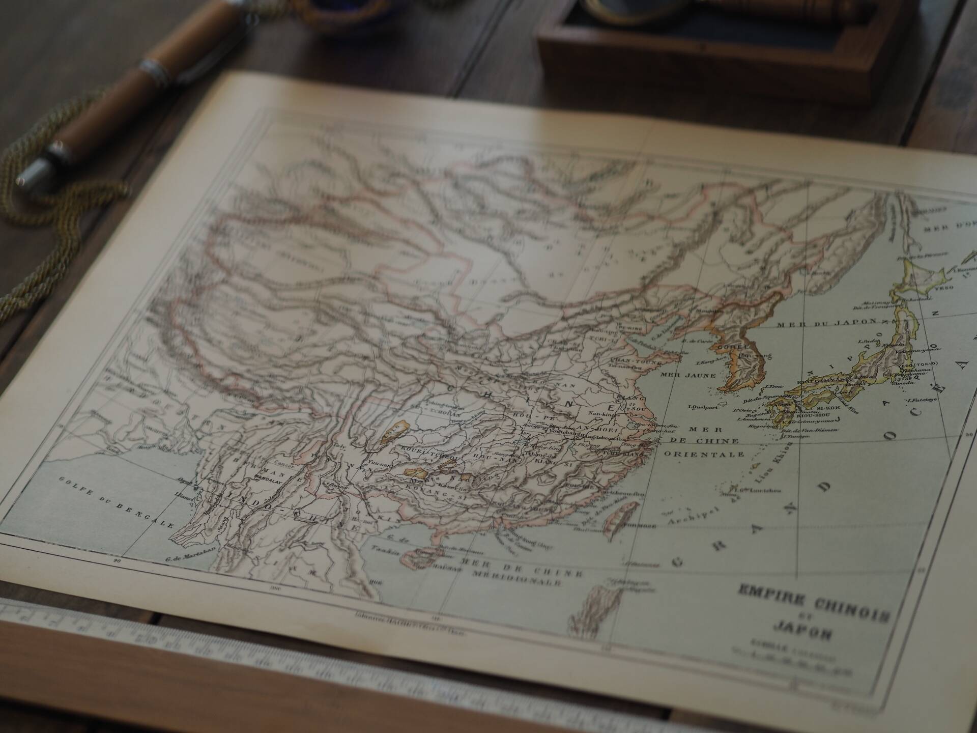 Japan and China, old map 1887 – Vintage geographical map.