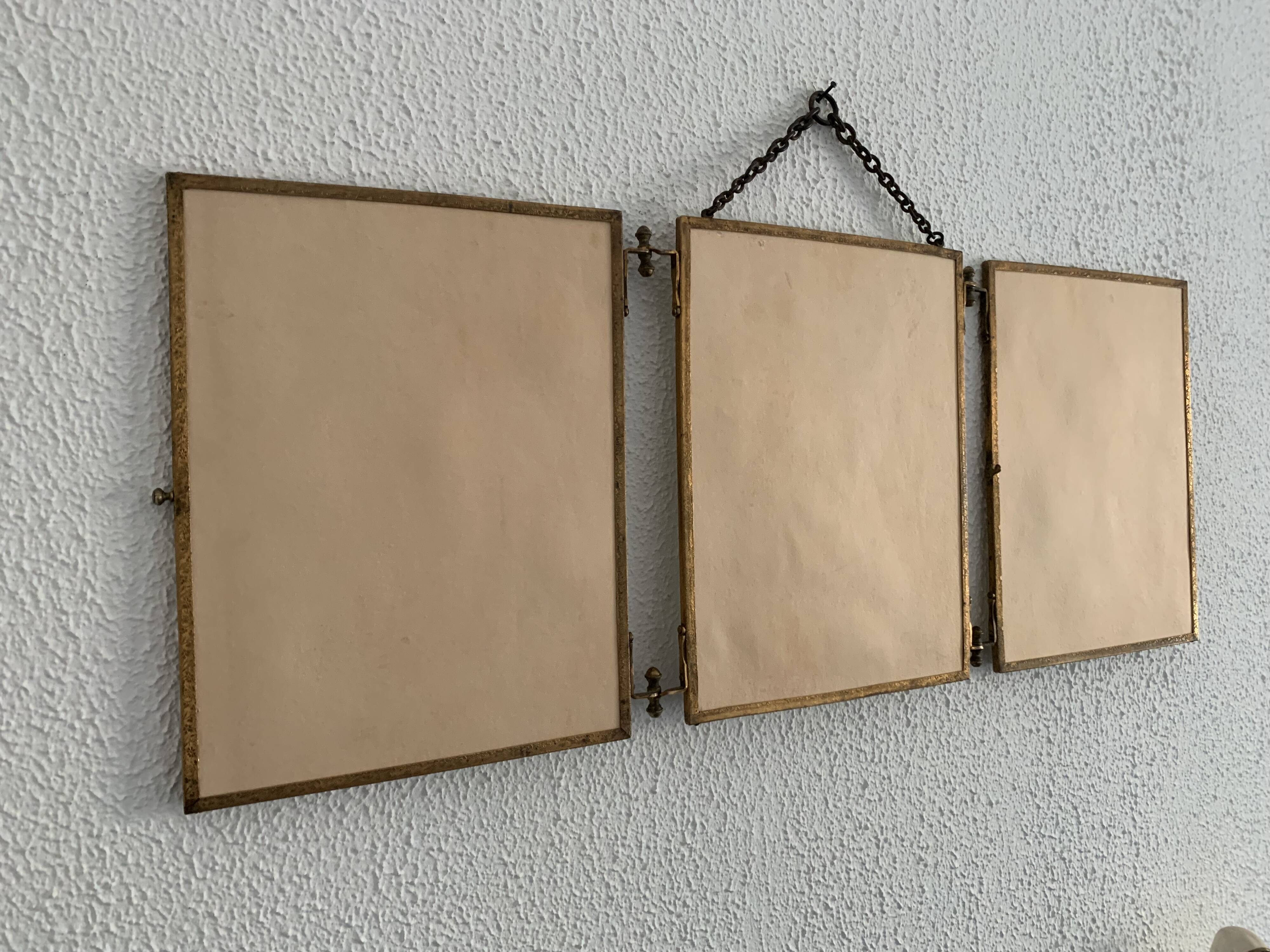 Vintage mirror 1900 triptych barber dressing table brass - 27 x 70 cm