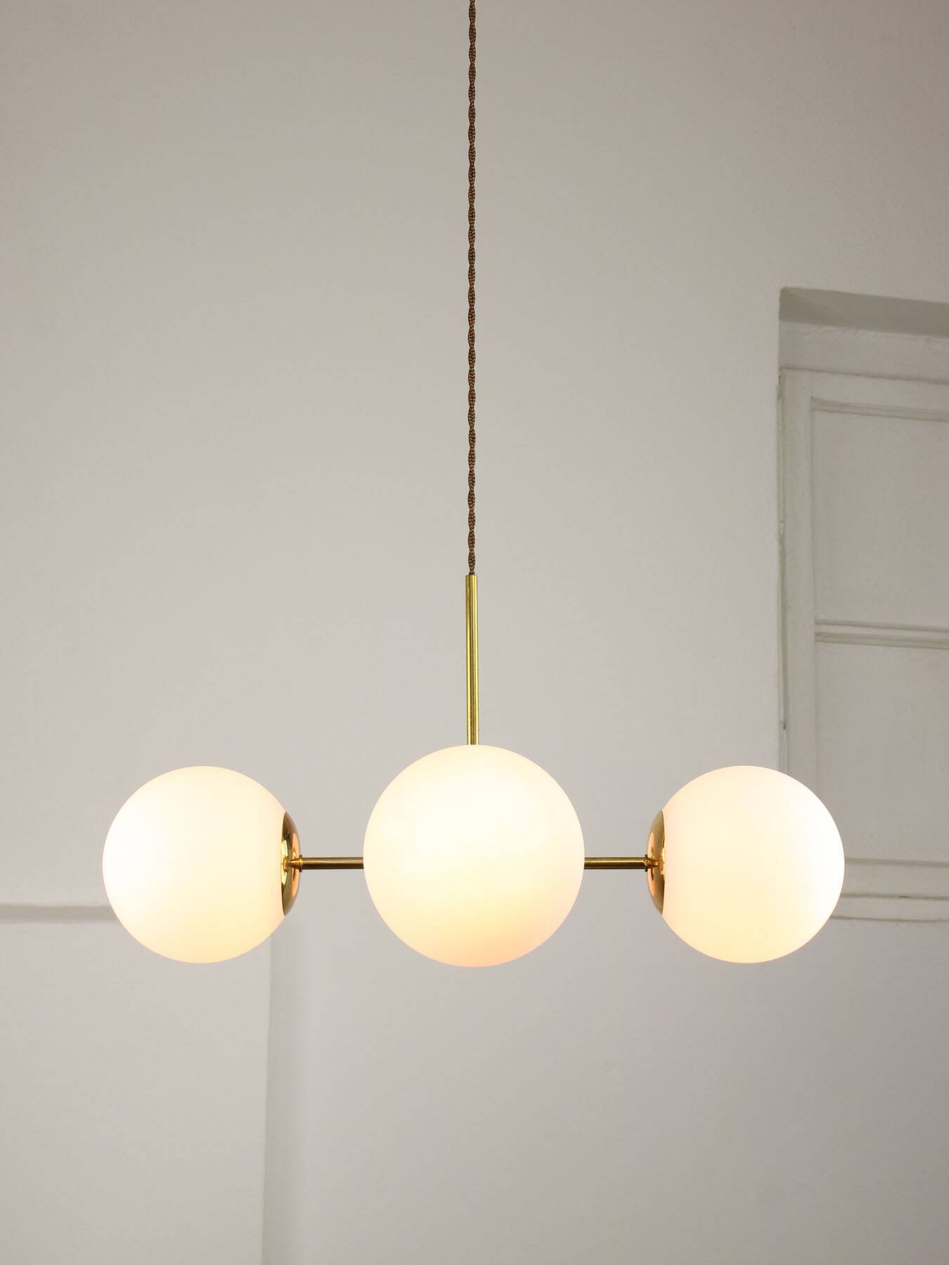 Italian Mid Century Golden Sputnik Chandelier with Opaline Shades, 1960s